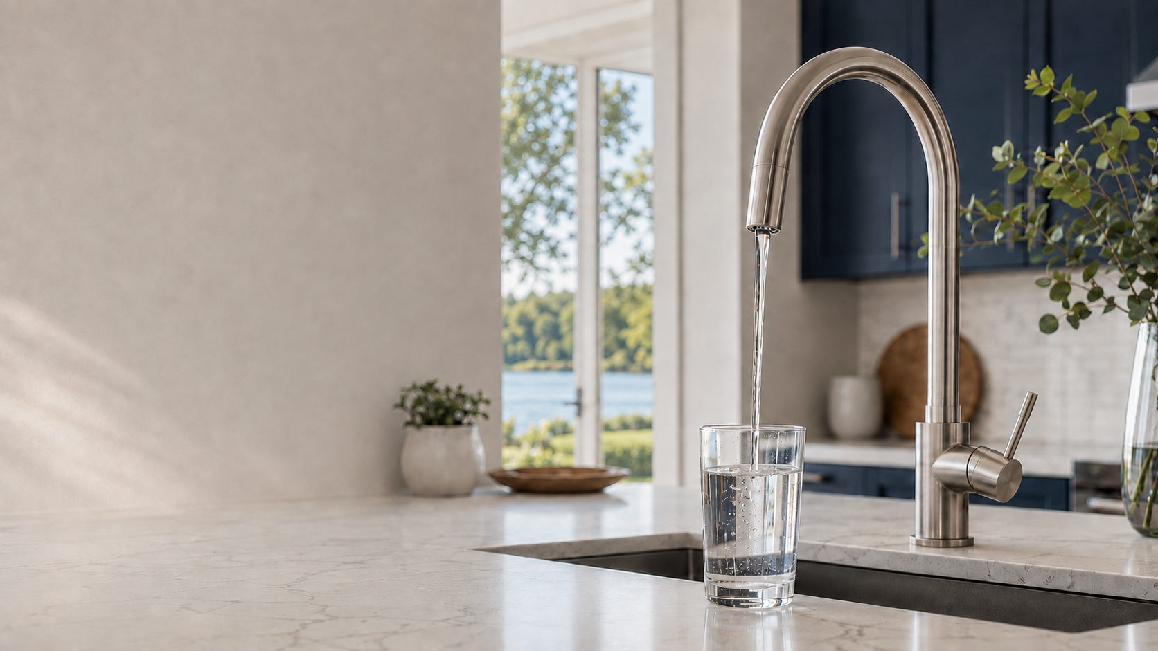 Filtered drinking water pouring into a glass at a modern kitchen sink with a view of an Ontario lake