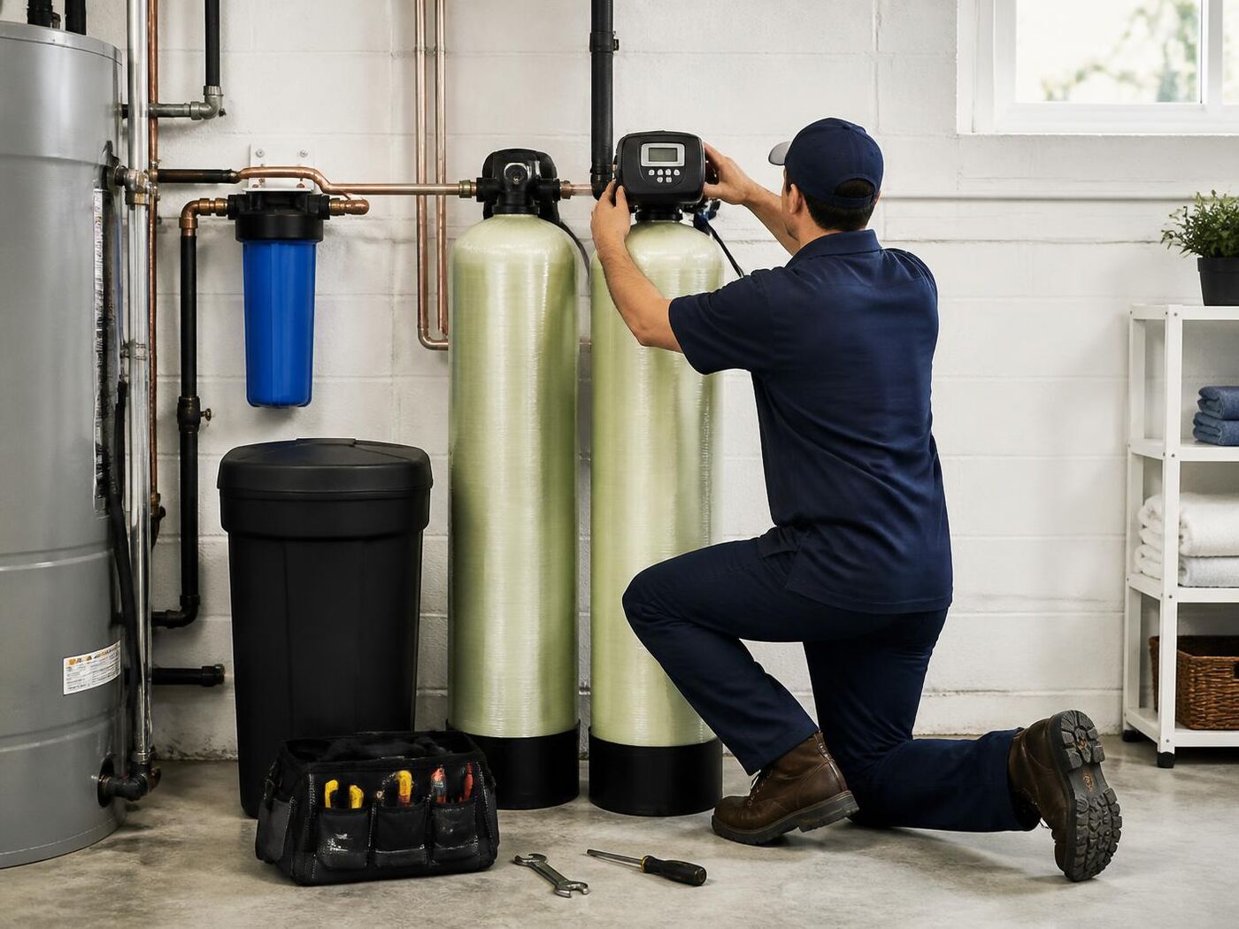 Technician installing a residential water treatment system